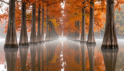 Flooded cypress forest at peak autumn color with mirror still water rising fog and perfectly vertical trunks fading into soft atmospheric depth with clean copy space