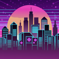A Neon Futuristic Cityscape with glowing buildings and sunset