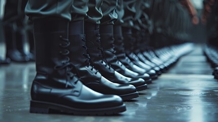 Close-up of black uniform boots lined up in a synchronized formation on a polished floor. Clean composition, shallow depth of field and strong sense of rhythm and discipline
