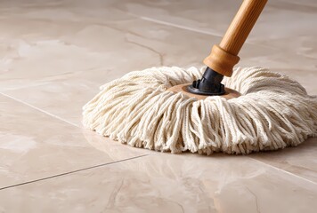 Cotton string mop on a glossy ceramic tile floor. Warm neutral light, clear texture and reflection. Concept: cleaning, hygiene, housekeeping, floor care, janitorial service