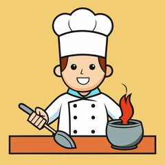 Cartoon chef cooking with spatula near hot flame