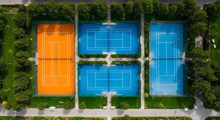 Aerial view of multiple tennis courts with different colored surfaces