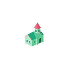 Isometric green church with a red steeple on transparent background