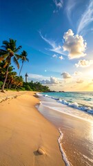 A tropical beach scene with palm trees, lighthouse, waves, and golden light at sunrise
