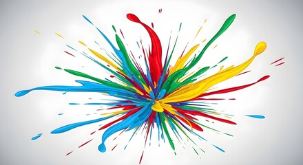 A vibrant and dynamic explosion of colorful paint splashes on a white background.