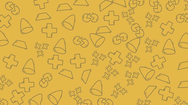 Doodle geometric shapes cones pluses pie charts sketched on yellow background. Suitable for presentations, web design, and educational materials.