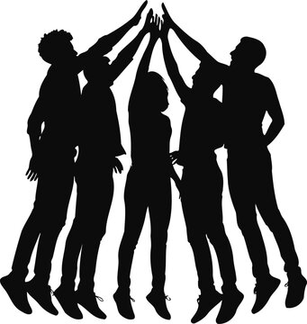 Diverse group of people celebrating success with hands raised in unity and high five gesture black silhouette