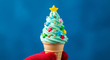Creative christmas concept of an ice cream cone shaped like a festive tree on a blue background