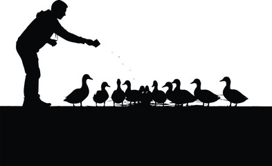 Silhouette of a person feeding a flock of ducks, capturing human interaction with wildlife in a minimalist black and white vector style © Meherun