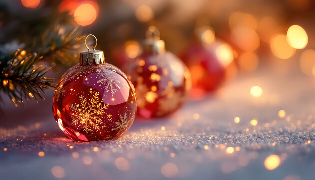 Red Christmas Ornament with Golden Snowflake and Warm Festive Lights on Snow