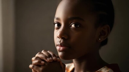 Portrait of a praying young African American girl in close-up. A black child prays for Thanksgiving day.