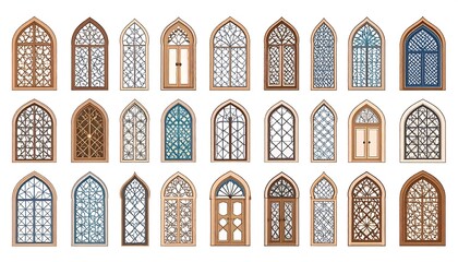 Collection of various arched windows and doors with intricate wood details