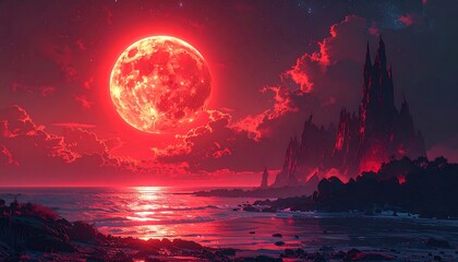 A fiery red moon casts its ominous glow over dark ocean and rocky peaks