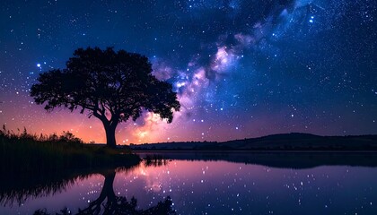 A lone tree silhouetted against a vibrant, starry nightscape reflected in water