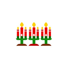 Three kinaras with lit red and yellow candles on transparent background