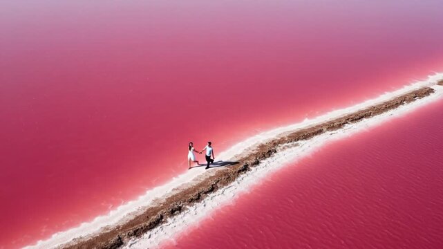 Couple walking on a narrow path in a vibrant pink salt lake