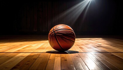 A lone textured basketball sits on a gleaming polished wooden basketball court illuminated by a dramatic spotlight from above in a dark gymnasium