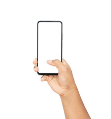 Hand holding the black smartphone with mockup of blank screen on isolated white background