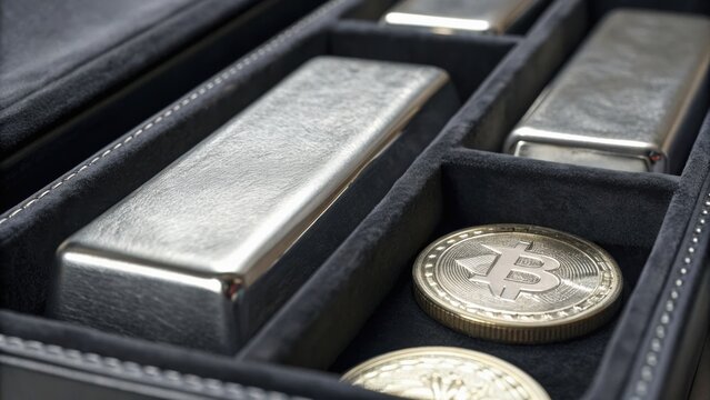 Luxury metal bars and Bitcoin coins are arranged in a sleek, dark box, highlighting wealth and investment themes.