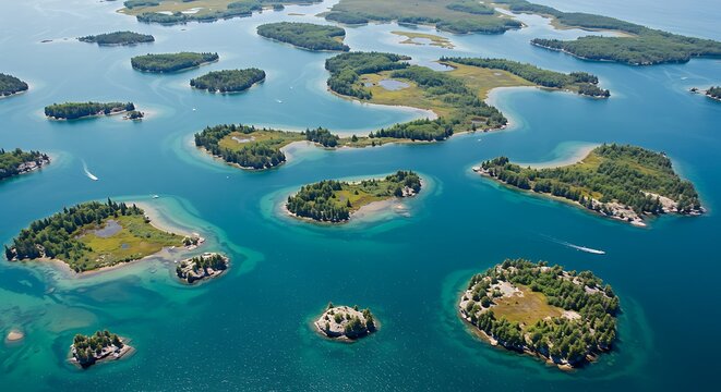 Aerial view of numerous small islands scattered in turquoise water, connected by waterways - Powered by Adobe