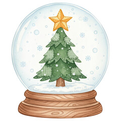 A whimsical snow globe with a Christmas tree and golden star, a nostalgic reminder of holiday cheer.