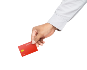 Businessman hand holding credit card on isolated white background.