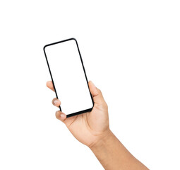 Hand holding the black smartphone with mockup of blank screen on isolated white background