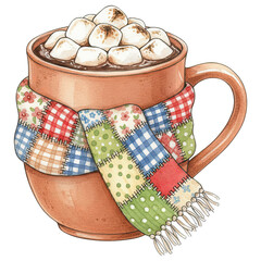 A delightful cup of hot chocolate, generously topped with marshmallows, and adorned with a colorful scarf, evoking a sense of warmth and comfort.