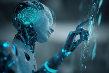 customized artificial intelligence concept, futuristic interface with vibrant blue and green hues, human-like figure interacting with holographic displays