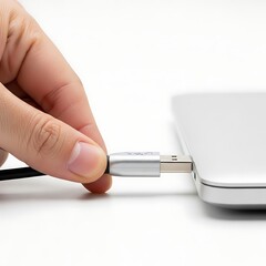 Hand inserting USB cable into laptop isolated on white background technology connection concept