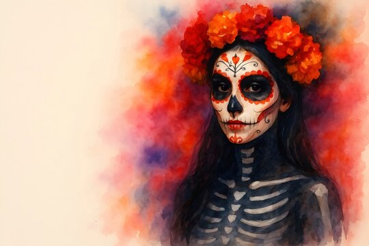 Watercolor clavera catrina with floral crown.