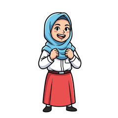 Happy Muslim Schoolgirl Character in Hijab, White Shirt and Red Skirt Smiling Illustration