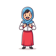 Cheerful Young Muslim Girl Student in Light Blue Hijab and School Uniform Vector