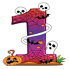 Halloween Number 1 Graphic with Pumpkin, Skulls, and Spider Web