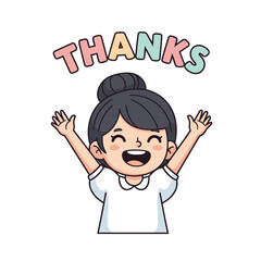 Cute Girl Character with Hands Raised Happily and Colorful 