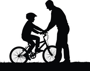 Father teaching child to ride bicycle silhouette vector illustration