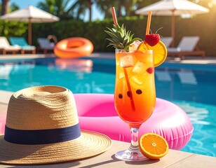 A tropical cocktail with fruit garnish sits beside a straw hat near a swimming pool