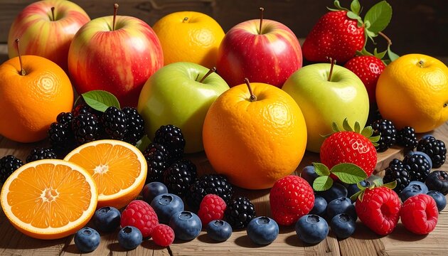Assorted colorful fruits apples, oranges, berries on a rustic wooden table