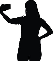 Woman taking selfie with smartphone silhouette vector on white background