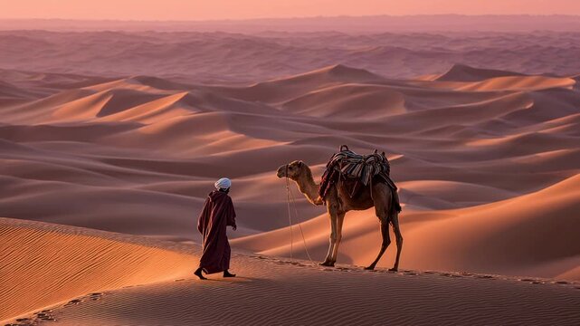 A nomad and their camel journey across rolling sand dunes, captured as a dramatic silhouette against the warm, golden light of a desert sunset.