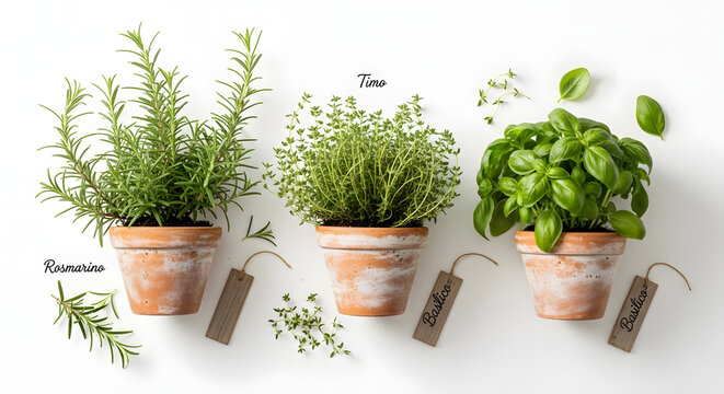 Three clay pots with rosemary, thyme, and basil plants 