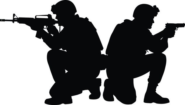 Two Kneeling Soldiers in Tactical Silhouette with Rifle and Pistol