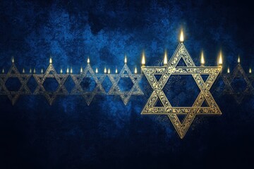 A festive Hanukkah celebration with glowing candles set against a dark background, creating a warm and inviting atmosphere.