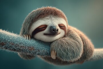 Fototapeta premium Sleepy Sloth Relaxing on a Branch with a Peaceful Expression