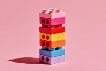 Naklejka premium Colorful plastic building blocks stacked high on a pink background