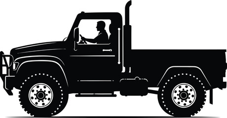 Black Silhouette of Heavy Duty Pickup Truck with Driver Side View Vector Illustration