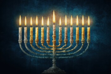 Fototapeta premium A menorah with candles lit in the dark, symbolizing the celebration of Hanukkah, the joyous Jewish holiday.