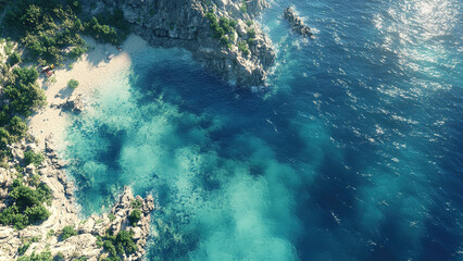 blue sea water waves on the beach sand with rocks and trees 