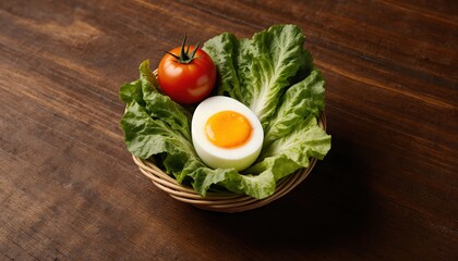 Fresh Ingredients in a Rustic Bowl with Tomato, Lettuce, and Egg