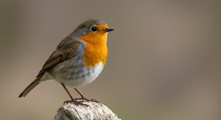 Fototapeta premium A vibrant European robin perched on a weathered stump, displaying its distinctive red breast